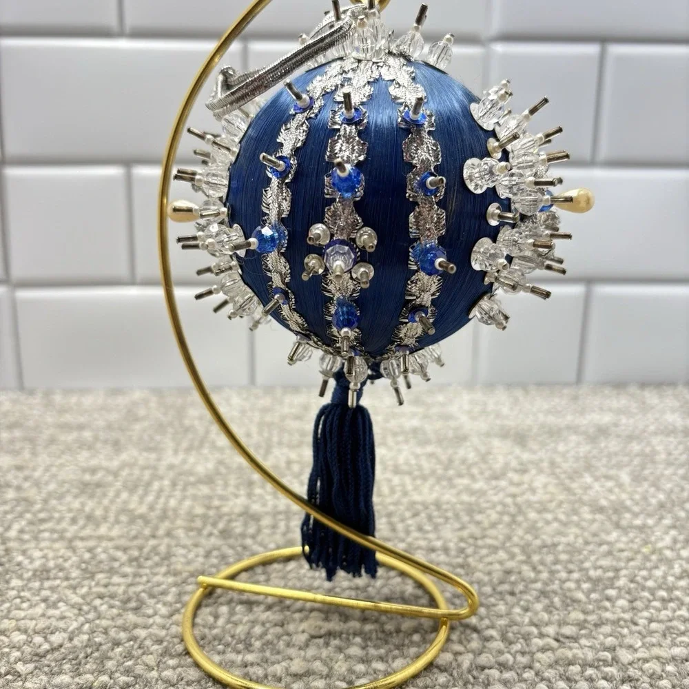 Vtg Silky Blue Christmas Ornament ‎ Pin Satin Beaded With Tassel Unique